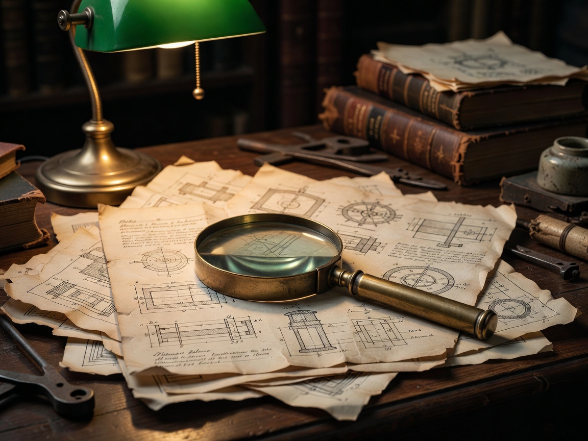 A curator's desk with a brass magnifying glass resting on yellowed technical papers under a lamp