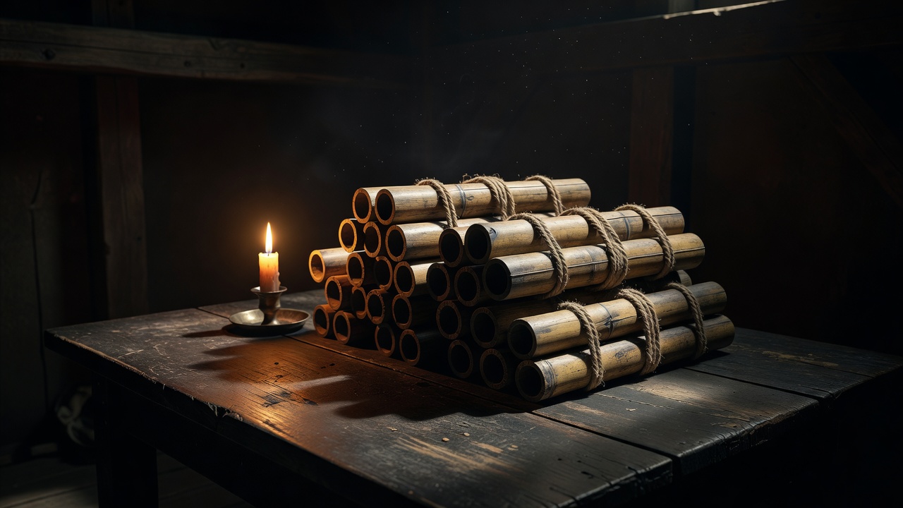 Bundled bamboo gunpowder tubes on a dark wooden table lit by a single candle