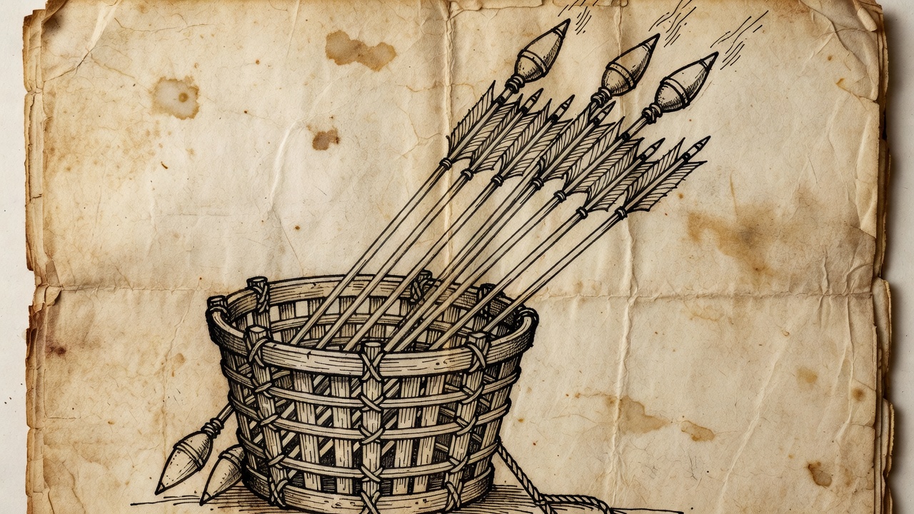 Detail of an aged manuscript page with ink drawings of rocket arrows in a launching basket