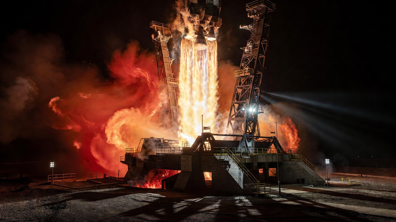 A rocket engine test firing at night, its bright exhaust plume casting hard shadows over the test stand