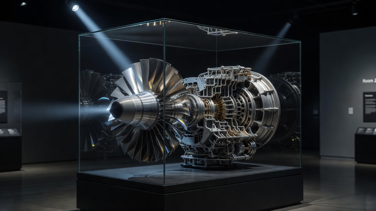Cutaway of a rocket engine turbopump in a museum case, its turbine blades catching a narrow beam of light