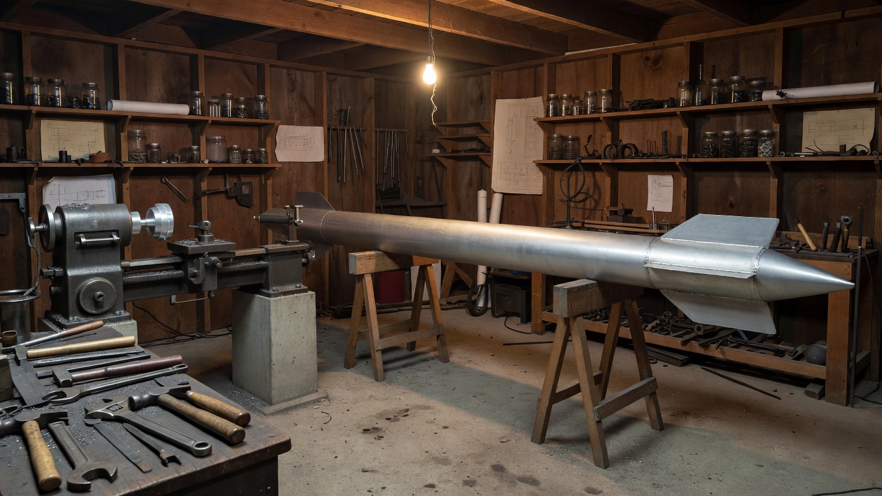 Recreated 1930s rocket workshop with lathe, hand tools and a slender rocket body under a hanging bulb