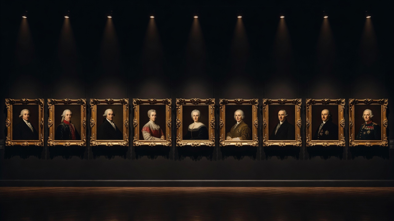 A row of gilded portrait frames on a dark gallery wall, each lit by a small overhead lamp