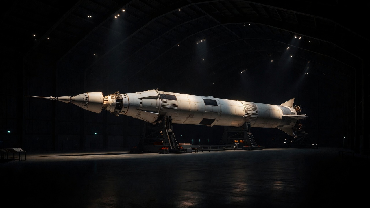 A Saturn V rocket lying horizontally inside a vast dark hall, its stages lit in pools of light