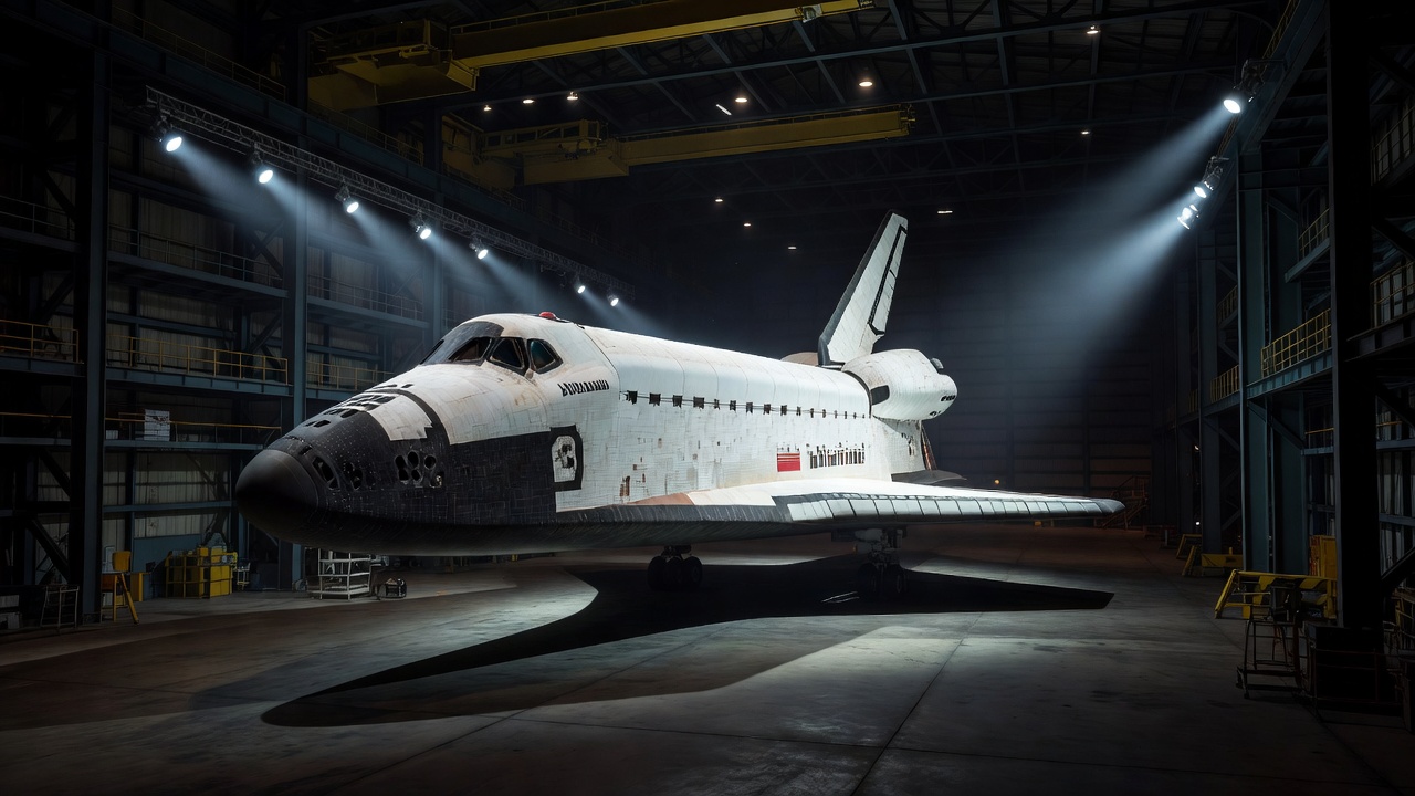 A space shuttle orbiter in a dim hangar, its heat-shield tiles picked out by angled spotlights